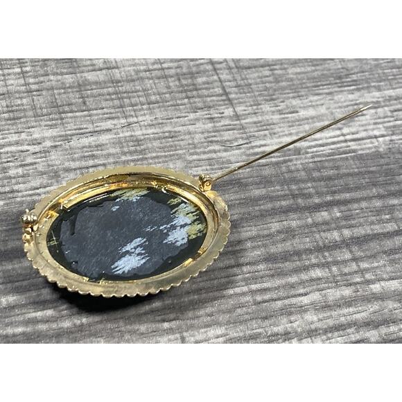 Vintage Oval Black Snowflake Obsidian Cabochon Gold Tone Brooch Pin - Picture 9 of 10